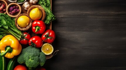 Vegetables on wooden background. Healthy food concept. Top view. Space for text