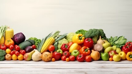 Fresh vegetables and fruits on light background, top view. Space for text