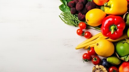 Fresh vegetables and fruits on light background, top view. Space for text