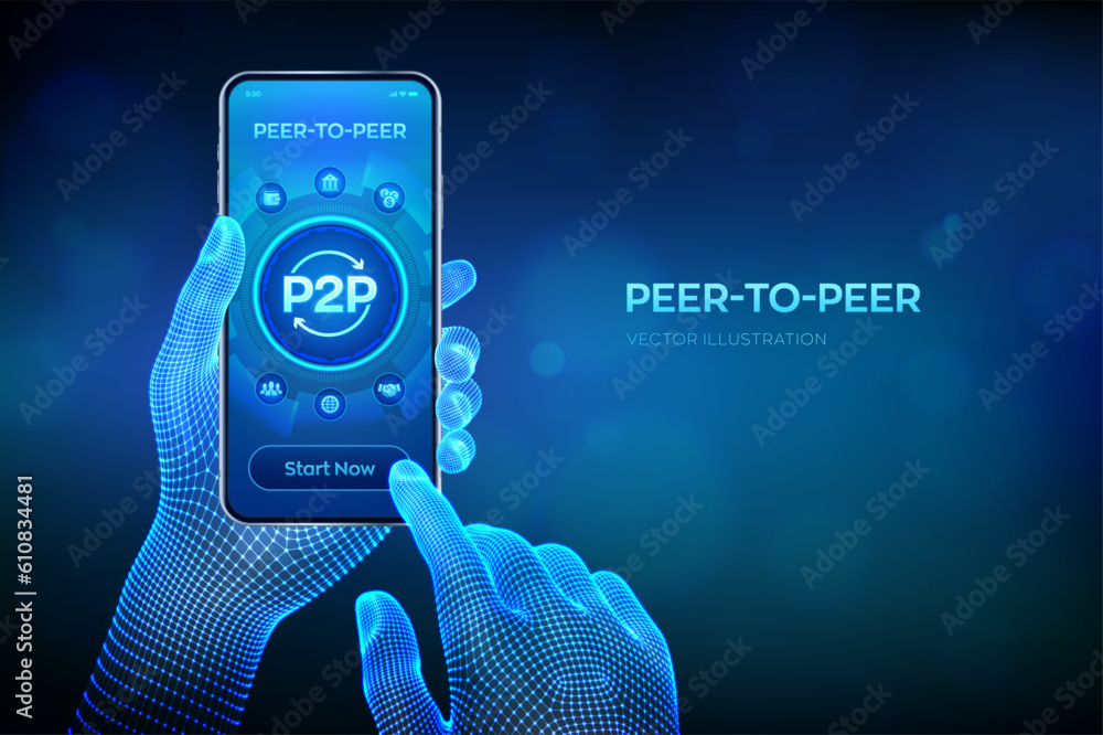 Poster peer to peer. p2p payment and online model for support or transfer money. peer-to-peer technology co