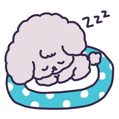 犬用ベッドで寝ているかわいいトイプードルの子犬のイラスト
