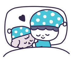 ベッドでかわいいトイプードルの子犬と寝ているナイトキャップをかぶった男の子のイラスト