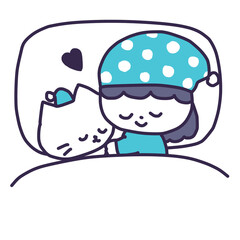 ベッドでかわいい白い色の子猫と寝ているナイトキャップをかぶった女の子のイラスト - obrazy, fototapety, plakaty