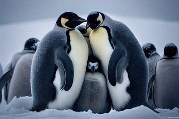 Penguins huddling together during blizzard - obrazy, fototapety, plakaty