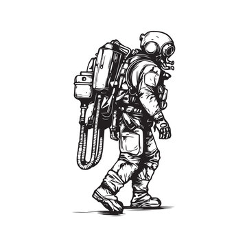 recommend clip art: military combat exoskeleton character, vintage logo line art concept black and white color, hand drawn illustration