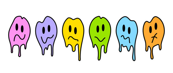 Colorful melt smile faces set. Cartoon trippy smiley illustrations collection. Design element for prints, posters, stickers. Vector © vika_k