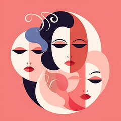Women's day celebration banner, 8 march, multiple women faces graphic illustration, horizontal copy space on pastel pink background. Generative AI