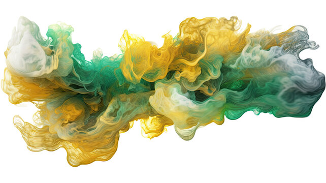 nebula cloud in gold and green abstract colorful shape, 3d render style, isolated on a transparent background