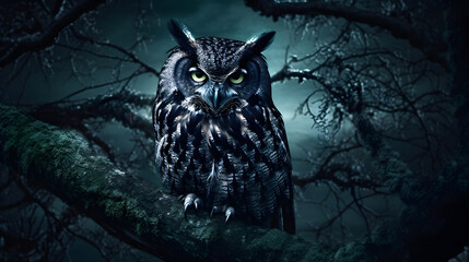 An owl on a branch at night. Generative AI.