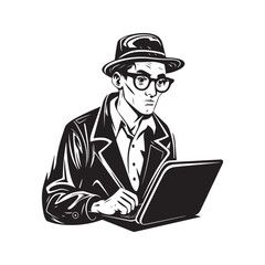 nerd with laptop, vintage logo line art concept black and white color, hand drawn illustration