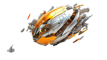 Naklejka premium spaceship debris in silver and orange abstract colorful shape, 3d render style, isolated on a transparent background