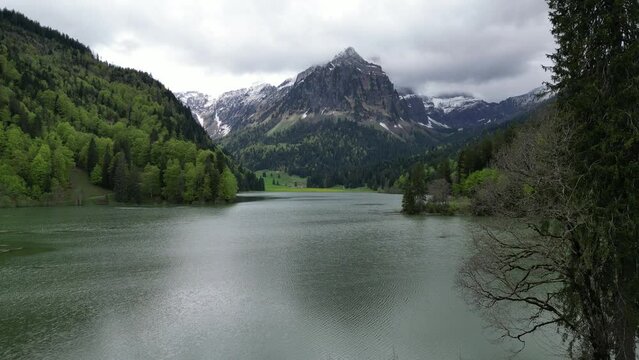 Serene Obersee lake surrounded by Swiss Alps landscape,pushin shot