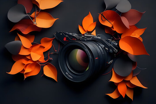 paper art, camera lens with fire leaves, dark background, paper art style ai generated