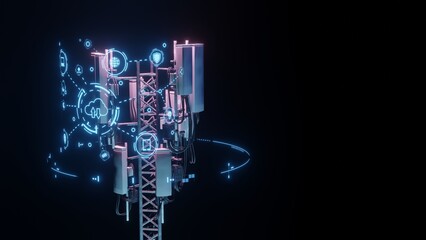 3D Rendering of mobile phone signal repeater station tower with futuristic hud hologram. Dark background. For telecommunication industry, 4g 5g mobile data.
