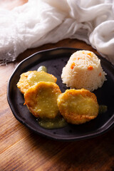 Tortitas de Pollo. Chicken pancakes. Popular recipe in Mexico and Latin America, Tortitas are similar to cutlets, shredded meat, tuna, chicken or other ingredient, bathed in beaten egg and fried.