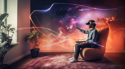 A man using AR goggles at home surrounded by colorful shapes by generative AI