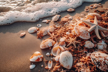 Fototapeta na wymiar Summer beach shore with starfish and seashell in sea water. Summer holidays illustration - sea inhabitants on a tropical exotic beach sand against a sunny seascape. Generative AI.