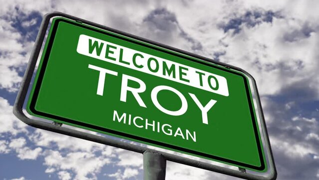 Welcome to Troy, Michigan. USA City Road Sign Close Up, Realistic 3d Animation