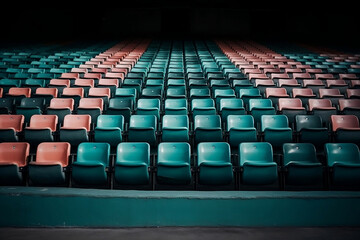 Obraz premium Rows of empty colorful seats in huge big auditorium in cinema or football match field. No one came on the performance game or master class, reserved or vacant seats concept. Generative AI Technology