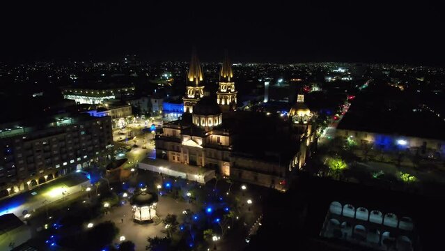 Guadalajara Night Aerial Orbit of Catedral de Guadlajara and Skyline