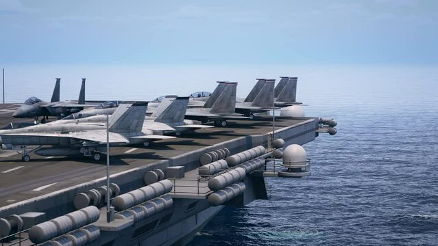 Fighter jets on an Aircraft Carrier. F-16 Fighting Falcon, F-18 hornet. Jet planes, F-35, USA Fighter jets, U.S. Navy, War, Warfare, 3D animation,  Modern Warfare. Russia, China, America, Air Force.