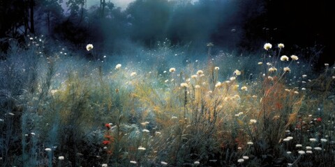twilight-lit meadow, wilting flowers paint a scene of fading beauty  Generative AI Digital Illustration Part#060623 