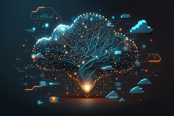 This 3D illustration masterfully captures the cloud computing, transformative. Captivating internet-themed background, technological prowess and interconnectedness with cloud computing. Generative AI.