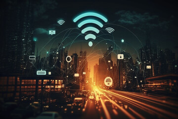 Obraz premium The smart city concept where abstract dot points connect with gradient lines and intricate wave designs, symbolizing the integration of big data and advanced connectivity technologies. Generative AI.