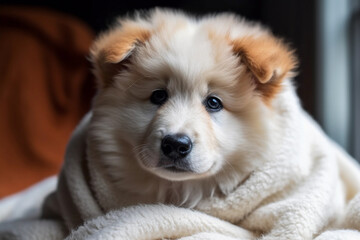 small white puppy laying on a blanket	