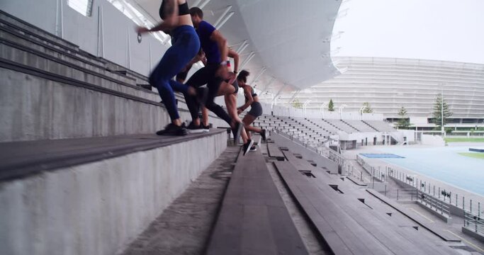 Group, stairs and people with fitness, exercise and workout goal with wellness, cardio and stadium. Runner, healthy men and women training, steps and challenge with motivation, friends and running