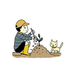 young man growing plant with cat, hand drawn style vector illustration
