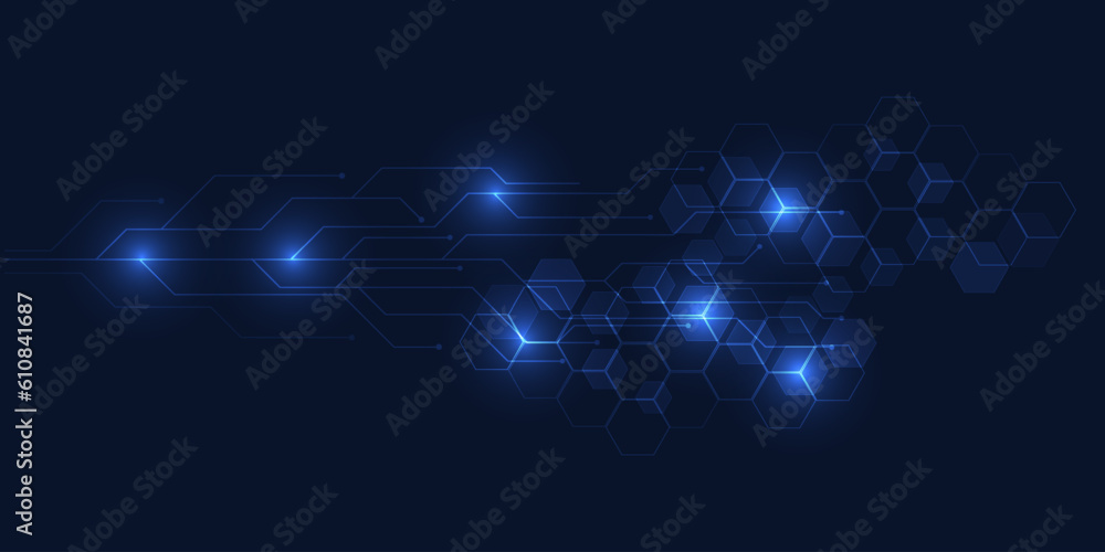 Poster abstract futuristic digital high technology background with hexagonal network and glowing point.