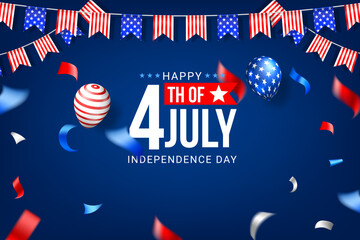 4th of july background design with american paper flag, confetti and balloons