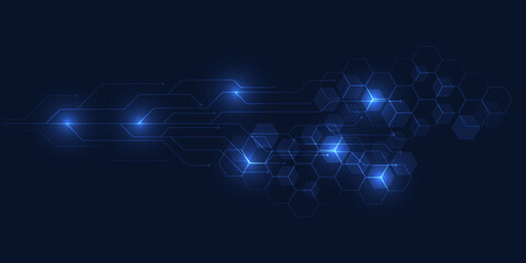 Abstract futuristic digital high technology background with hexagonal network and glowing point.