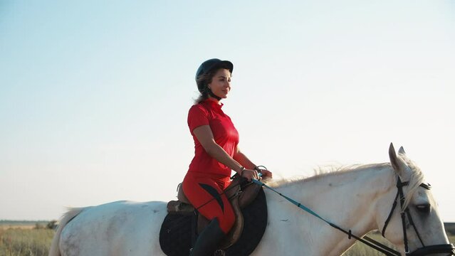 A woman in a red uniform walks on a white horse in a field of hay Moves towards the camera Side view Middle distance medium shot