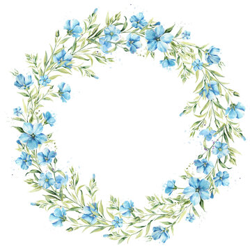 Watercolor is a wreath of flax flowers. Wedding template. Boho watercolor wreath.