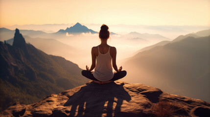 Woman yoga in the mountain meditation and relax in a mountain. - obrazy, fototapety, plakaty