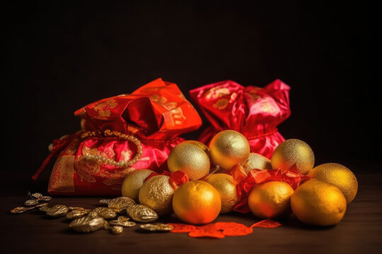 Chinese new year decorations made from red packet, orange and gold ingots or golden lump. Chinese characters on the object means to fortune, good luck, wealth, and money flow, generative AI