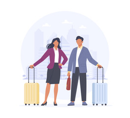 Woman and man standing with a suitcases on the city background. Business people having a business trip