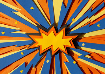 Handmade paper cutout pop art comic background with speech bubble. Cartoon flat style. In yellow, orange and blue color. Lightning. Concept. 