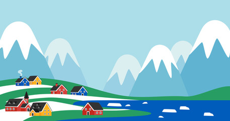 Colorful houses and snow mountain landscape © Chinu-maru