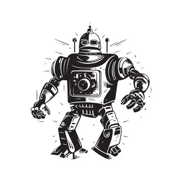 robot attack, vintage logo line art concept black and white color, hand drawn illustration