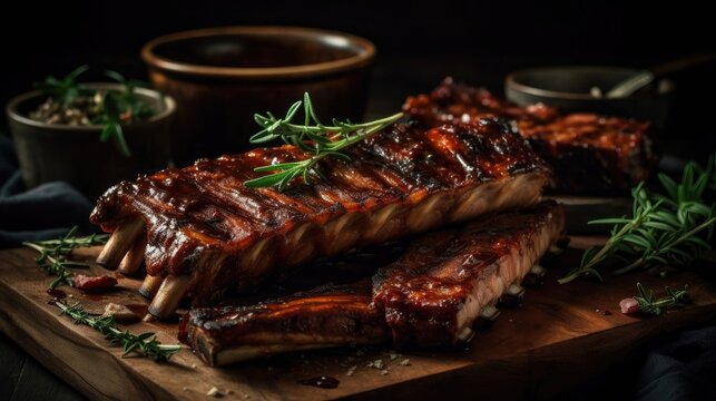 close up barbecue ribs photos with perfect angel view and blur background