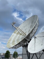 Parabolic Satellite Dish receivers with blue sky in the background