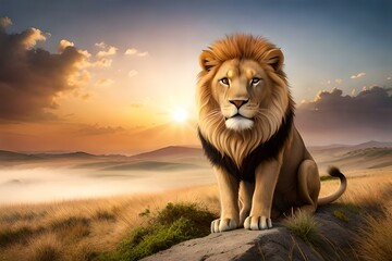 Create an image of a majestic lion with a vibrant sunset as the background