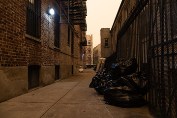 Old Residential Building Alleyway in Astoria Queens New York with Massive Air Pollution from...