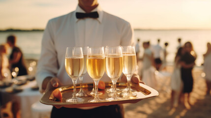 Indistinguishable Male Waiter Serving Champagne on Summer Beach, Generative AI