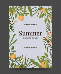 Summer background poster with tropical leaves, exotic fruit and flowers. Summer poster illustration