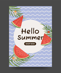 Hello summer poster with tropical leaves, fruit and flowers. Summer poster illustration