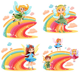Cute fantasy fairy cartoon character with colourful rainbow